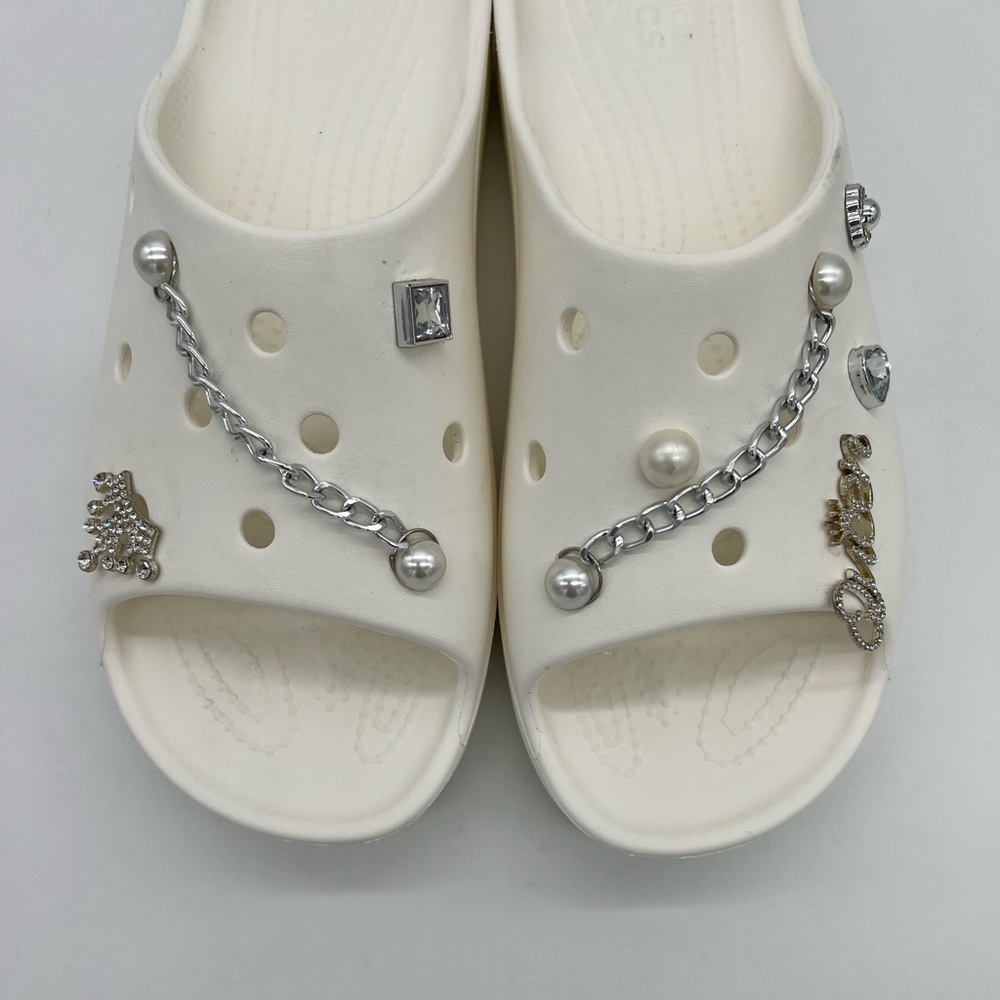Crocs Classic White Platform Summer Slide Sandals with Silver Chain & Rhinestone - Picture 15 of 15